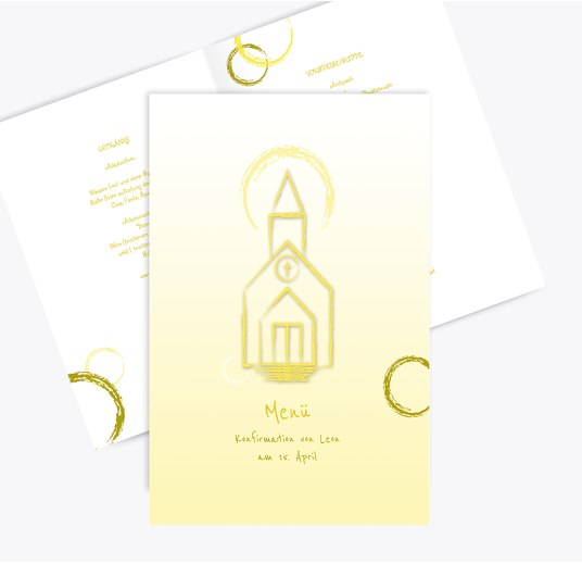 Menükarte zur Konfirmation Kirche KräftigHellGelb 148x210mm