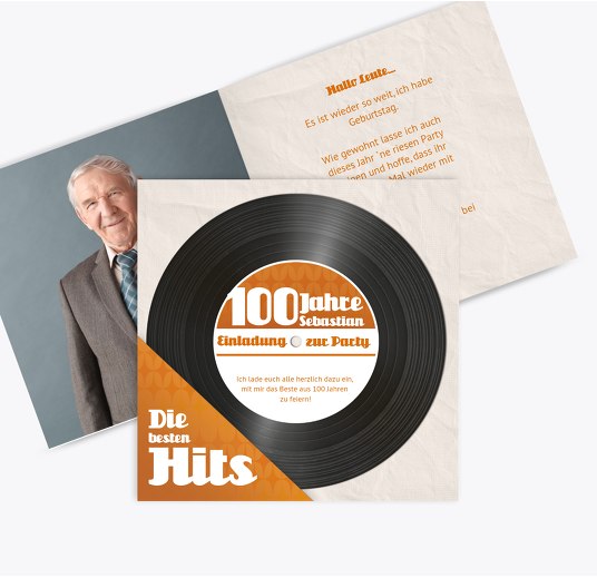 Geburtstagseinladung Schallplatte 100 Orange 145x145mm