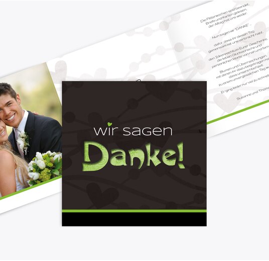 Hochzeit Dankeskarte wilde Herzen Grasgruen 145x145mm