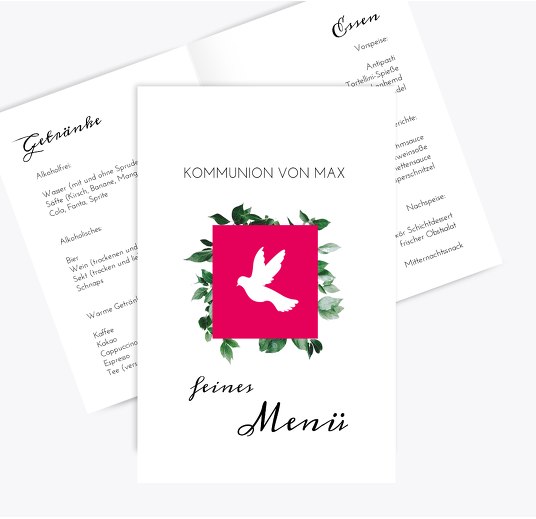 Kommunion Menükarten Täubchen Pink 148x210mm