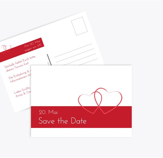 Hochzeit Save-the-Date Herzensband Rot 148x105mm