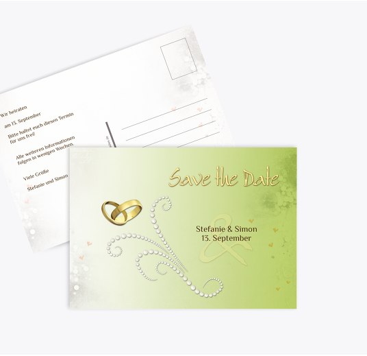 Save-the-Date Eheringe Perlen ApfelGrün 148x105mm