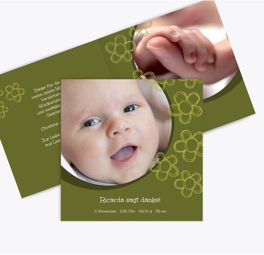 Baby Dankeskarte Blüten Matschgrün 145x145mm