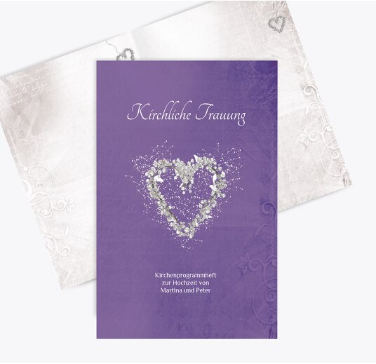 Hochzeit Kirchenheft Umschlag glamour heart LilaFlieder 148x210mm