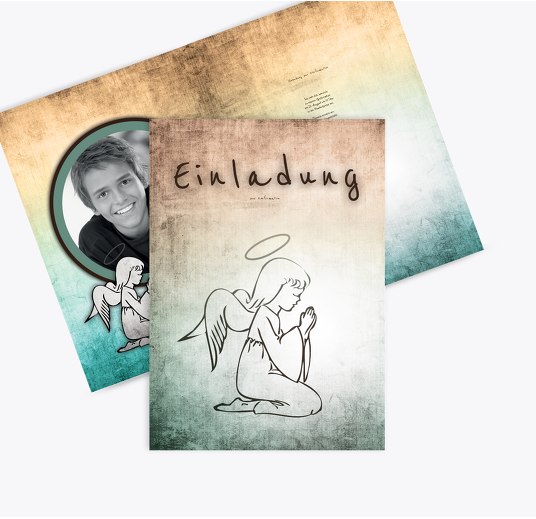 Konfirmation Einladung grunge Engel TürkisGrauMatt 105x148mm
