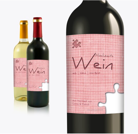 Hochzeit Flaschenetikett Puzzle PastellHellRot 90x120mm