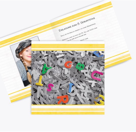 Geburtstag Buchstabensalat Foto Butterblumengelb 145x145mm