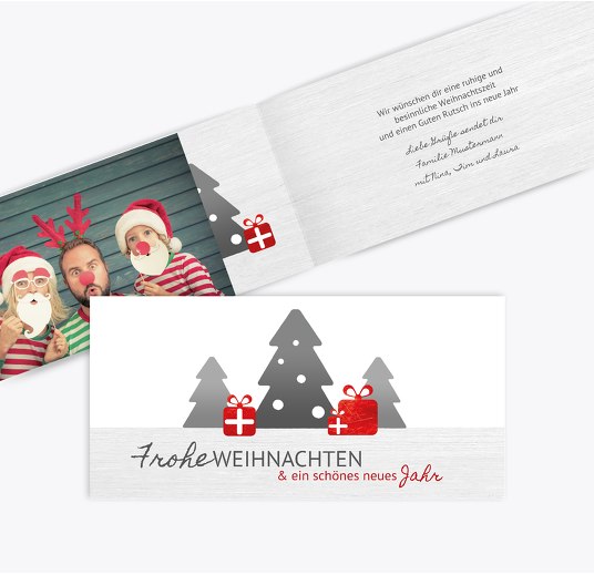 Foto Weihnachtsgrußkarte Geschenkebaum Rot 215x105mm