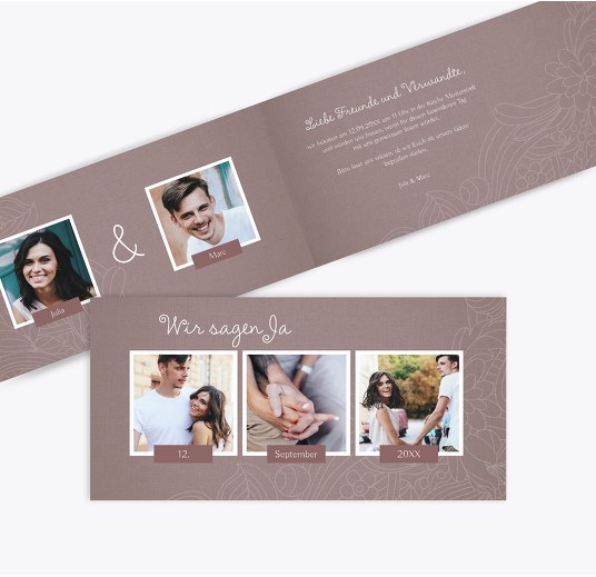 Hochzeit Einladung Vintage Flower HellRotMatt 215x105mm