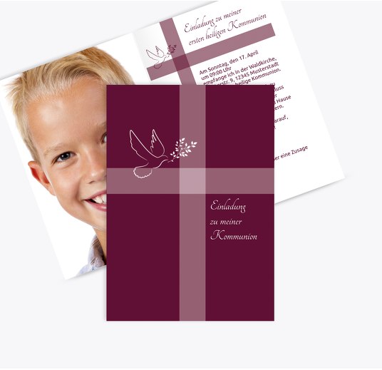 Kommunionskarte Glaubensbote Dunkelrotlila 105x148mm
