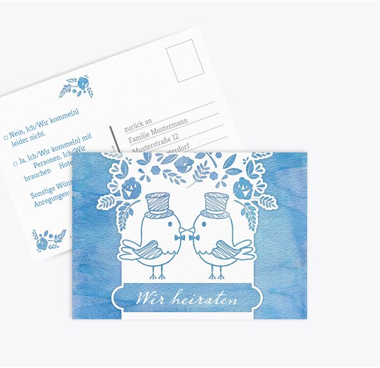 Antwortkarten Vogelpaar- Männer MattBlau 148x105mm