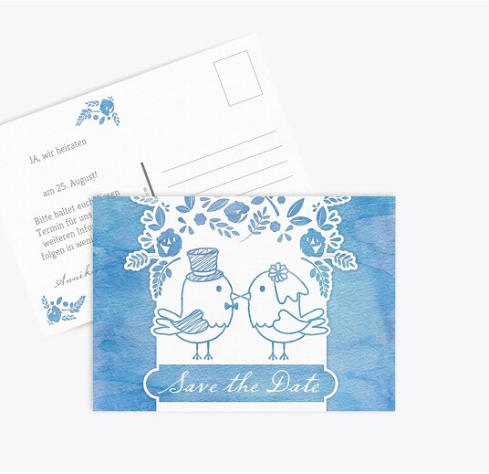 Save-the-Date Vogelpaar MattBlau 148x105mm