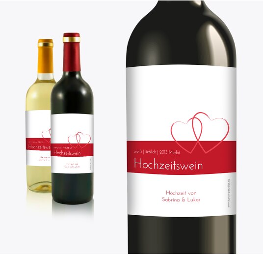 Hochzeit Flaschenetikett Herzensband Rot 90x120mm