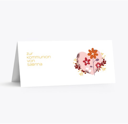 Tischkarte zur Kommunion Herz Orangegelb 100x44mm