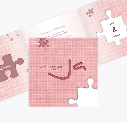 Hochzeit Einladungskarte Puzzle PastellHellRot 145x145mm