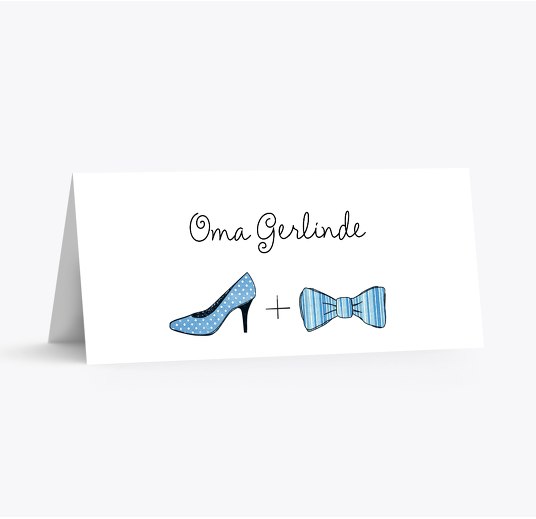 Hochzeit Tischkarte High Heel und Fliege HellBlau 100x44mm