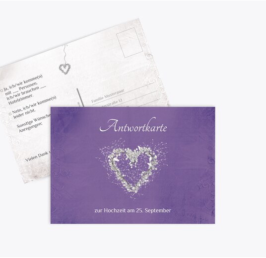 Hochzeit Antwortkarte glamour heart LilaFlieder 148x105mm