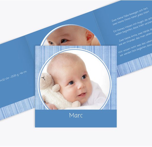 Geburtskarte Streifentapete KräftigHellMarineblau 145x145mm