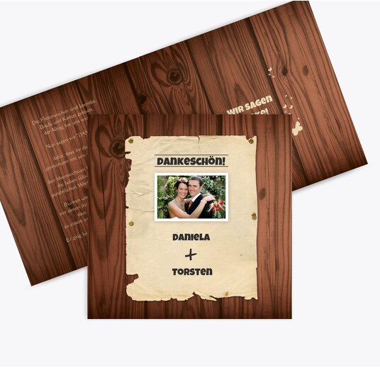 Hochzeit Dankeskarte Steckbrief braunmatsch 145x145mm