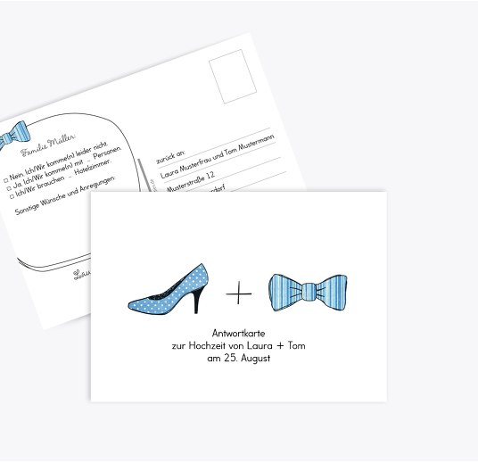 Antwortkarte High Heel und Fliege HellBlau 148x105mm