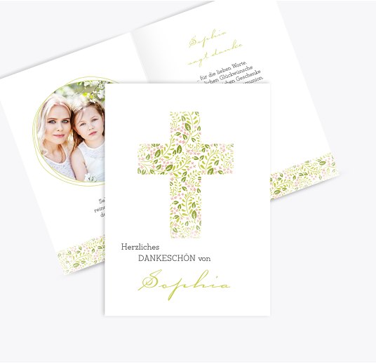 Kommunion Dankeskarte Blumenkreuz ApfelGrün 105x148mm