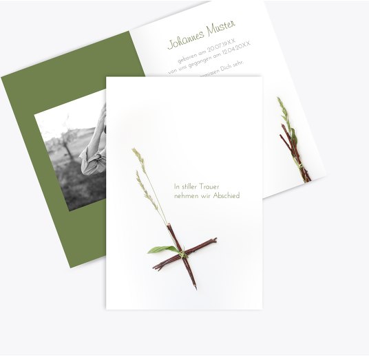 Individuelle Trauerkarten Einladung Trauerfeier stiller Wald in Grün und Braun 