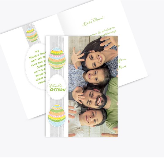 Osterkarte bunte Ostereier Grasgruen 105x148mm