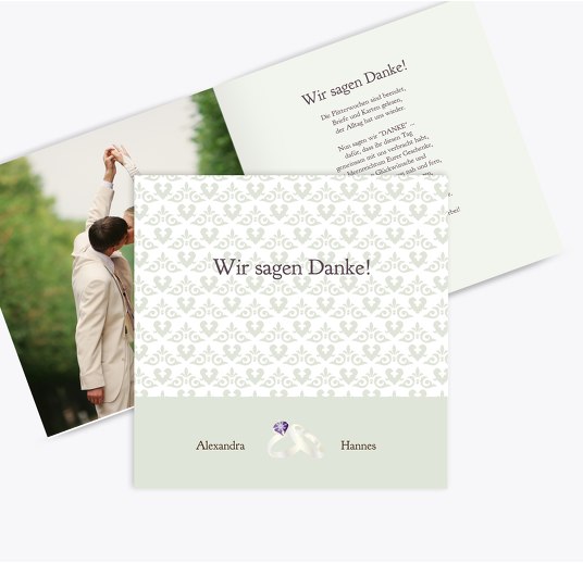 Hochzeit Danke Ornament mit Herz HellgrauGrün 145x145mm