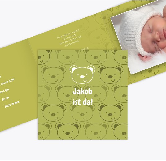 Geburtskarte Bärchen Matschgrün 145x145mm