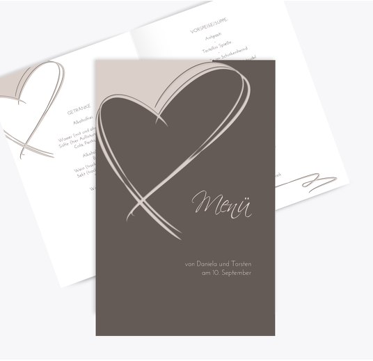 Hochzeit Menükarte Doppelherz DunkelgrauBraun 148x210mm