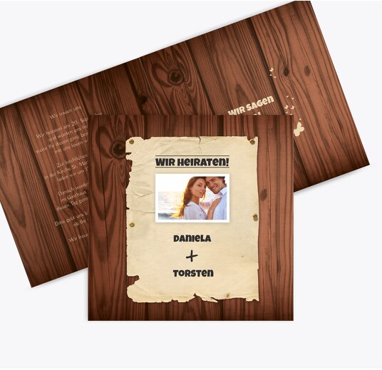 Hochzeit Einladungskarte Steckbrief braunmatsch 145x145mm