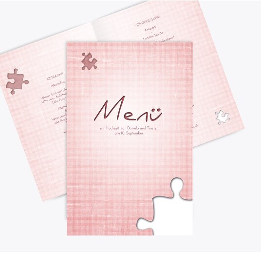 Hochzeit Menükarte Puzzle PastellHellRot 148x210mm