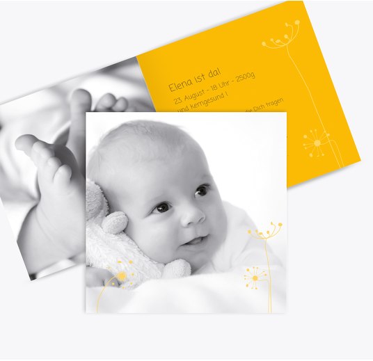 Geburtskarte Abstrakte Blumen Sonnengelb 145x145mm