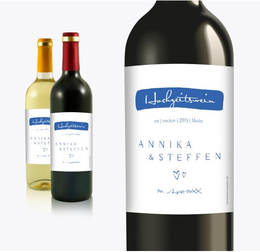 Hochzeit Flaschenetikett Buchstabenrätsel Blau 90x120mm