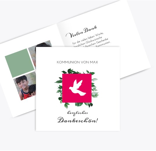Kommunion Danke Täubchen Pink 145x145mm