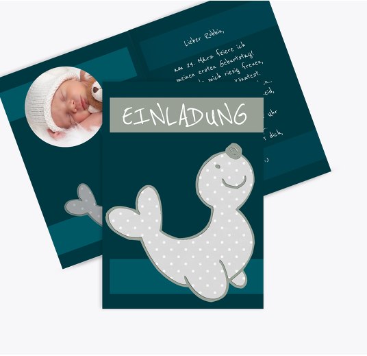 Geburtstagseinladung Foto Robbe Türkisdunkel 105x148mm