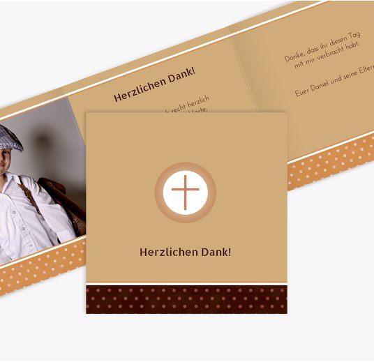 Konfirmation Danke Kreuzhostie BeigeOrange 145x145mm