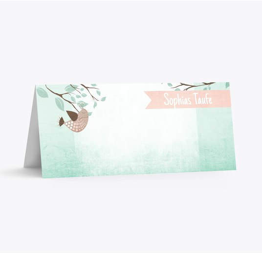 Taufe Tischkarte Vögelchen PastellHellTürkis 100x44mm