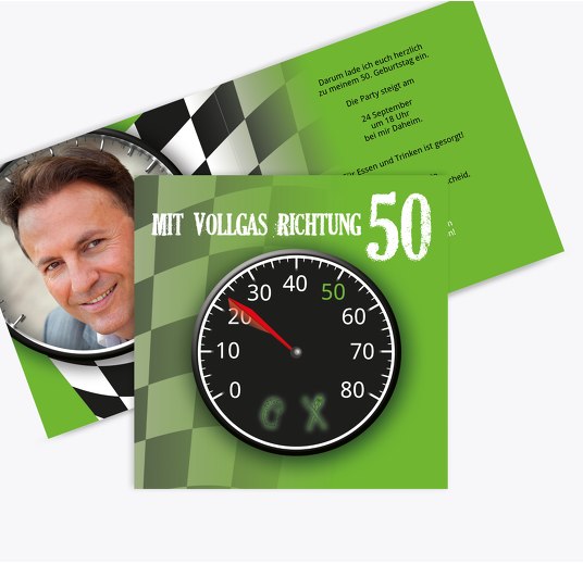 Geburtstagseinladung Vollgas 50 Grasgruen 145x145mm