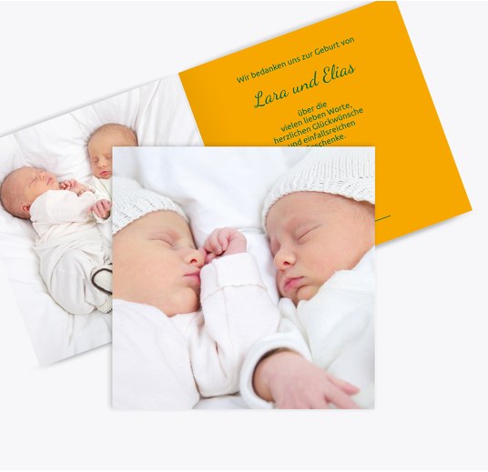 Baby Dankeskarte Zwillinge Easy Orangegelb 145x145mm