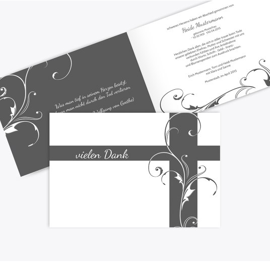 Dankeskarte Blumenkreuz quer Grau 170x114mm