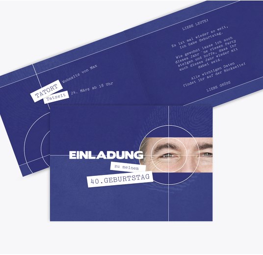 Geburtstagseinladung Foto Krimi 40 Blau 148x105mm