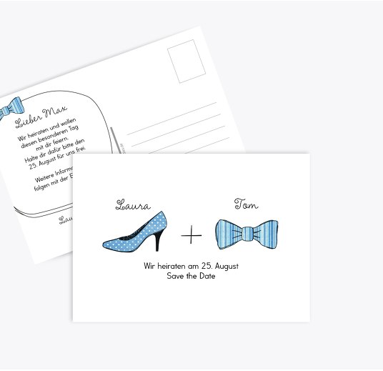 Save the Date High Heel und Fliege HellBlau 148x105mm