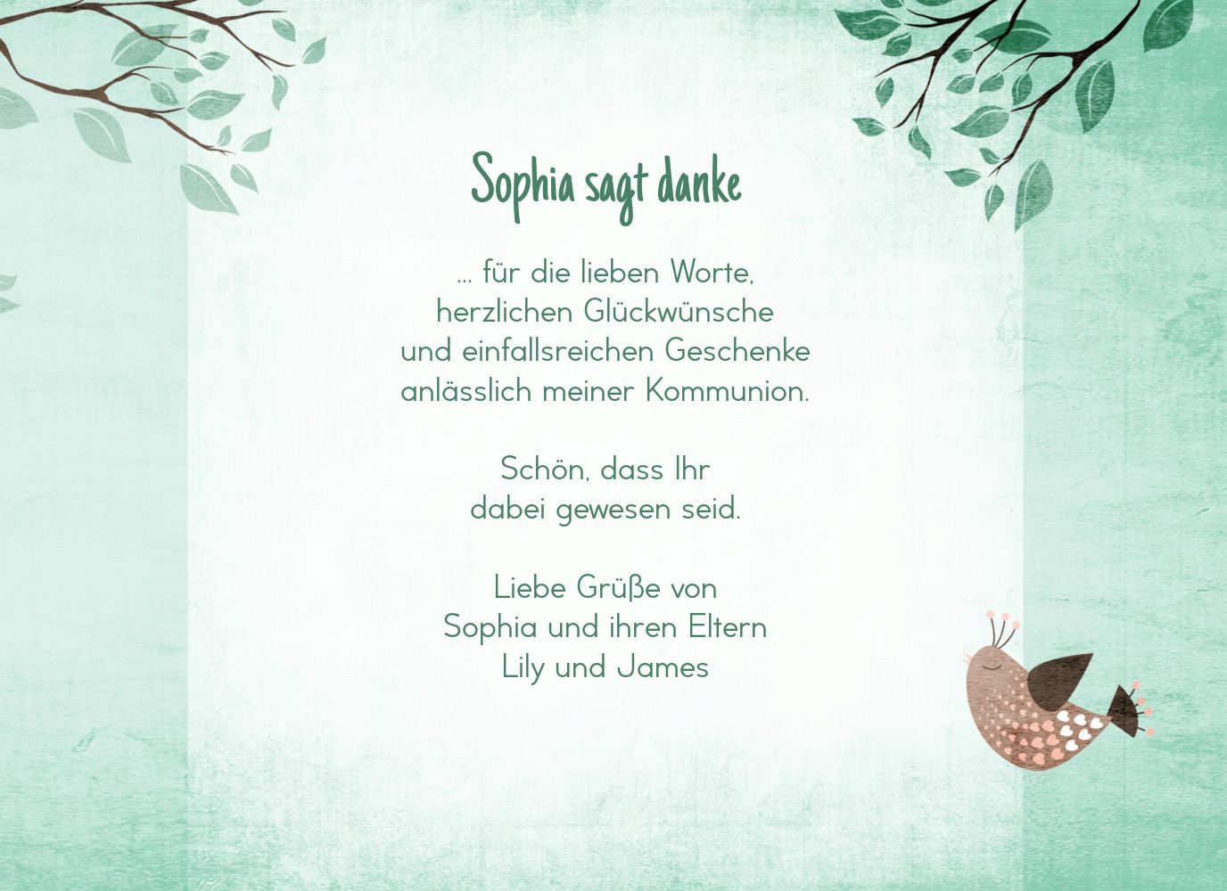 Kommunion Dankeskarte Vogelchen Selbst Gestalten