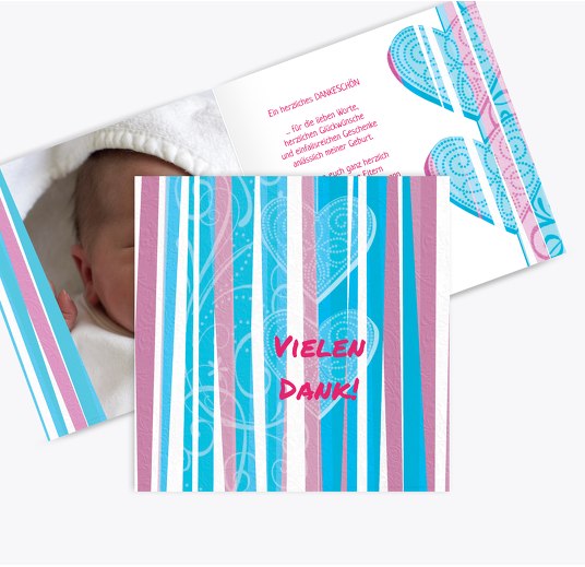 Baby Dankeskarte hearts and stripes Pinkrosa 145x145mm