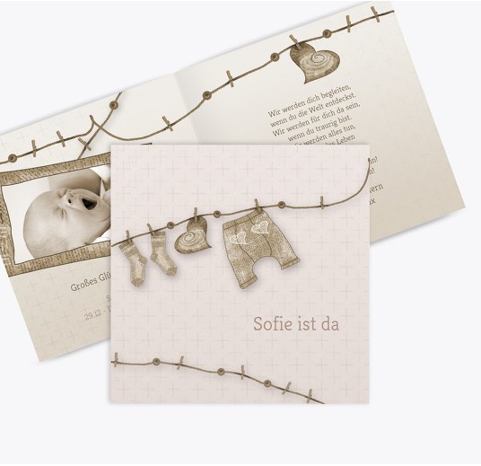 Geburtskarte Wäscheleine OckerBeige 145x145mm