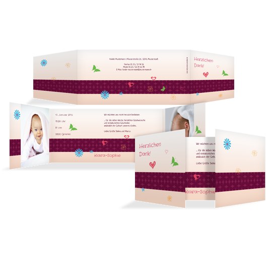 Baby Dankeskarte colorful garden Dunkelrotlila 215x105mm