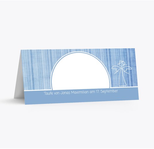 Taufe Tischkarte Streifentapete MattBlauDunkler 100x44mm