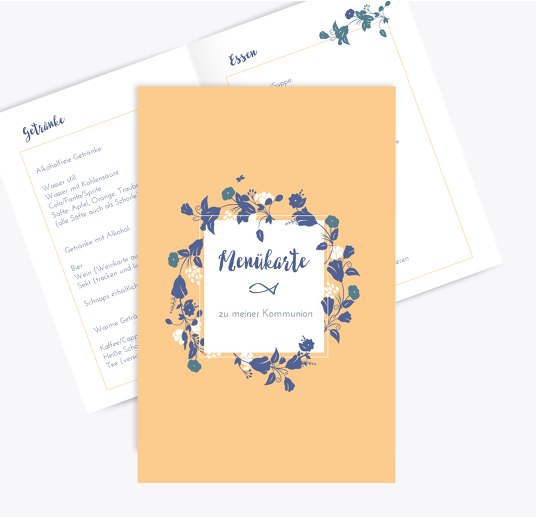 Kommunion Menükarte Blumenkranz PastellHellOrange 148x210mm