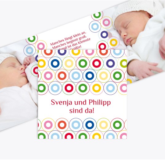 Geburtskarte Zwillinge bunt WeinRot 145x145mm